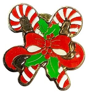 Christmas Candy Cane Holly Bow Enamel Pin Gold Tone Holiday Festive‎ SWIG